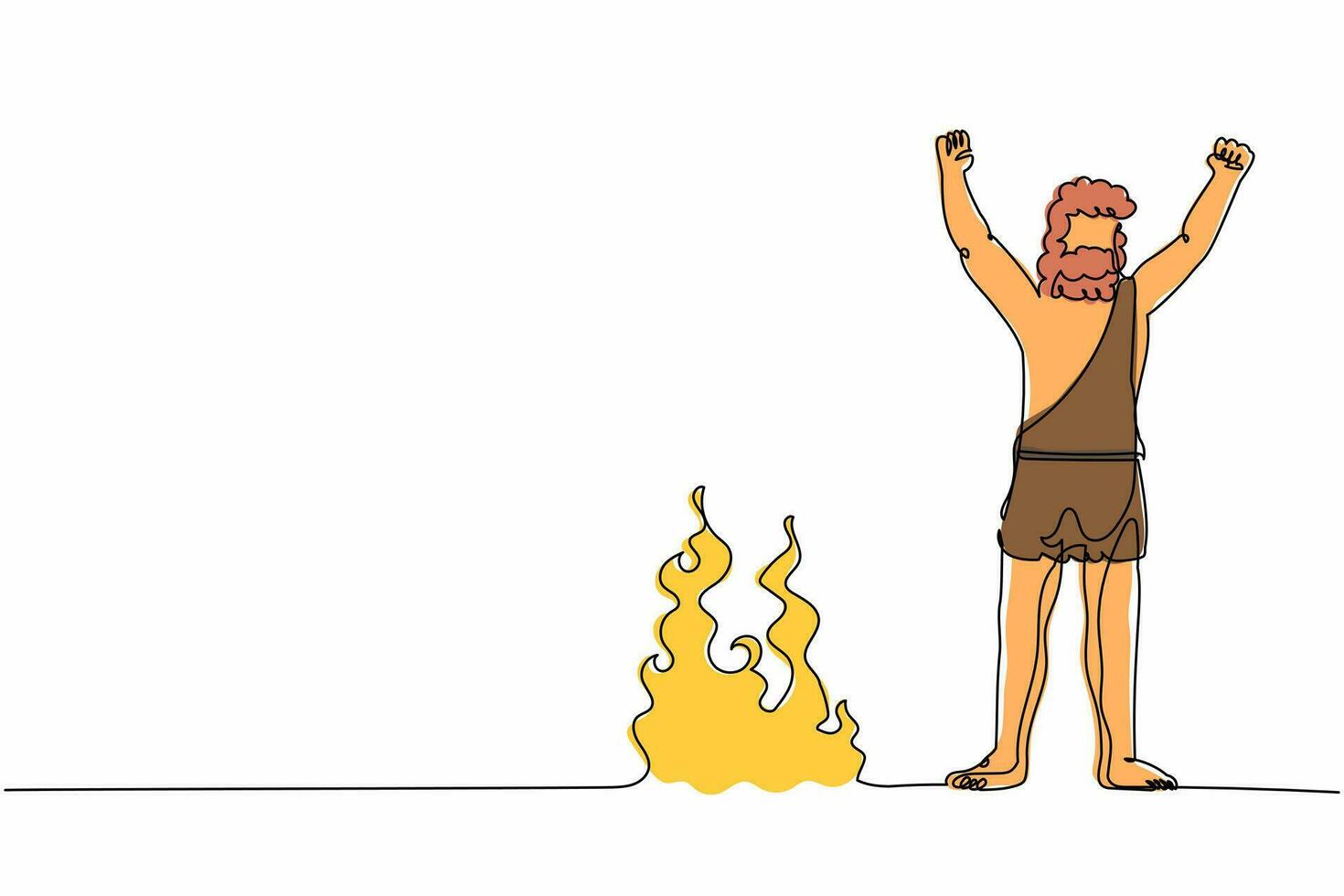 Continuous one line drawing caveman stands and raised his hands around campfire. Prehistoric man standing around bonfire. Warmth his body at night. Single line draw design vector graphic illustration