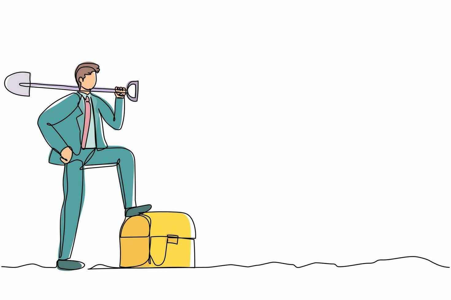 Continuous one line drawing businessman digging ground with shovel and step on treasure chest. Success business, achievement, and discovery concept. Single line draw design vector graphic illustration
