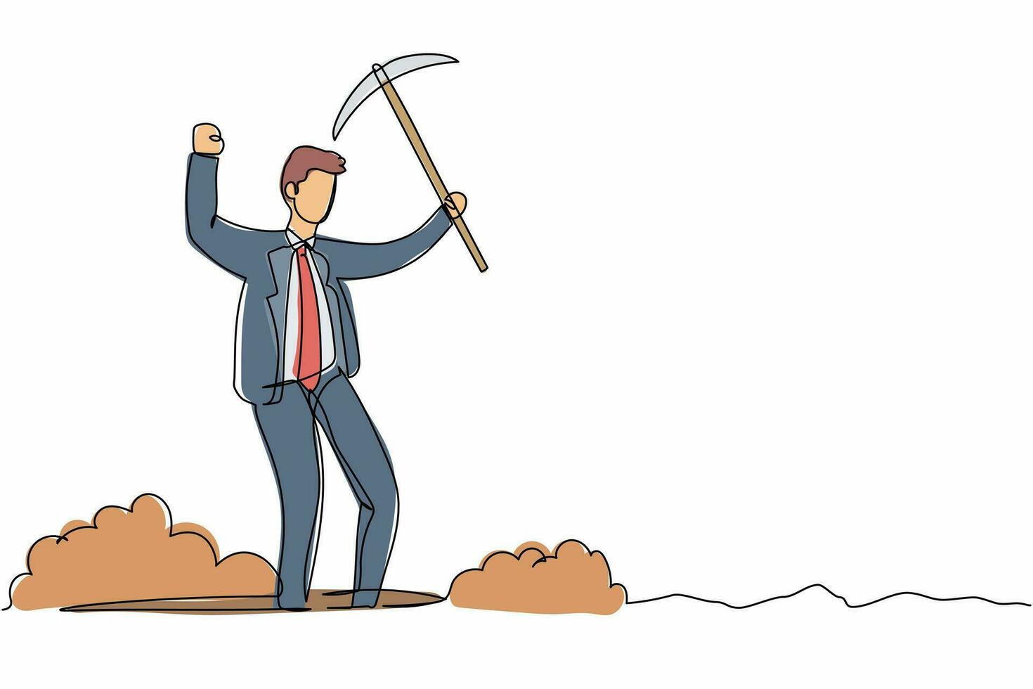 Continuous one line drawing happy businessman in hole prancing while lifting pickaxe with hands. Male manager mining for diamond or precious stone. Single line draw design vector graphic illustration