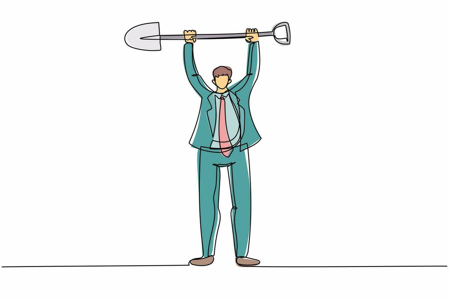 Single continuous line drawing young businessman standing and lifting big shovel. Depicts hard work, success, achievement, discovery. Success concept. One line draw graphic design vector illustration