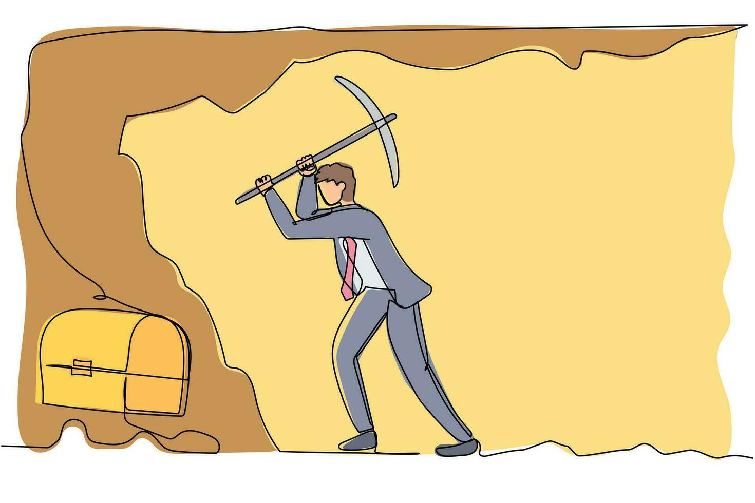 Continuous one line drawing young businessman digging with pickaxe looking for treasure box. Worker mining for treasure chest in underground tunnel. Single line draw design vector graphic illustration