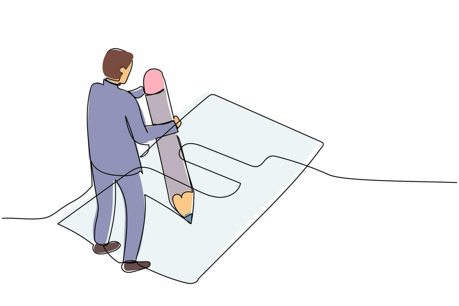 Single continuous line drawing businessman filled out questionnaire on the floor. Worker writes test on clipboard with giant pencil. Man standing near checklist. One line design vector illustration