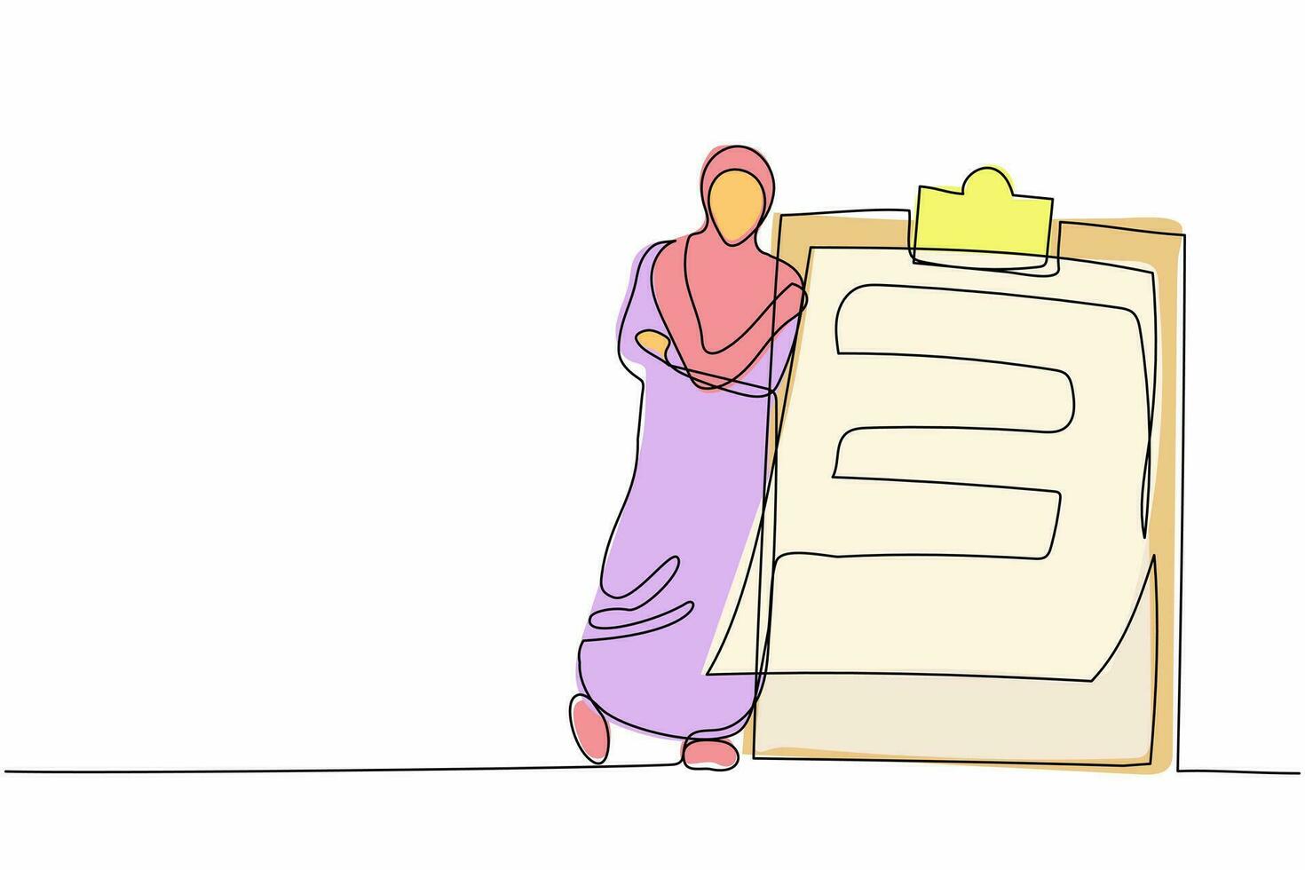 Single continuous line drawing relaxed Arab businesswoman standing and lean against clipboard. Business plan completed. Goal achievements planning schedule. One line graphic design vector illustration