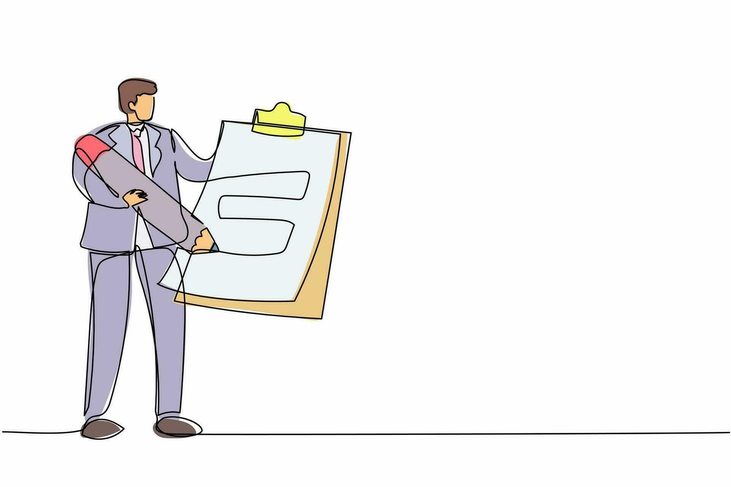 Continuous one line drawing businessman standing and holding clipboard with checklist. Business success completed plan. Goal achievements concept. Single line draw design vector graphic illustration