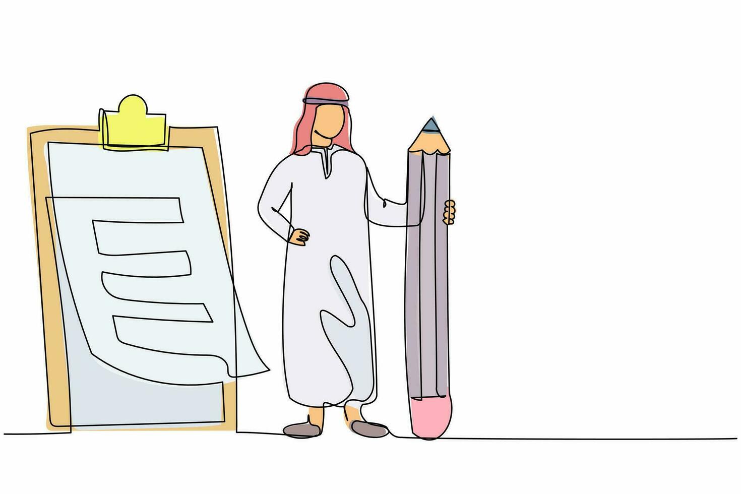dibujo de una sola línea continua hombre de negocios árabe sosteniendo un lápiz grande mirando la lista de verificación completa en el portapapeles. concepto de plan completado de éxito empresarial. ilustración de vector de diseño gráfico de una línea