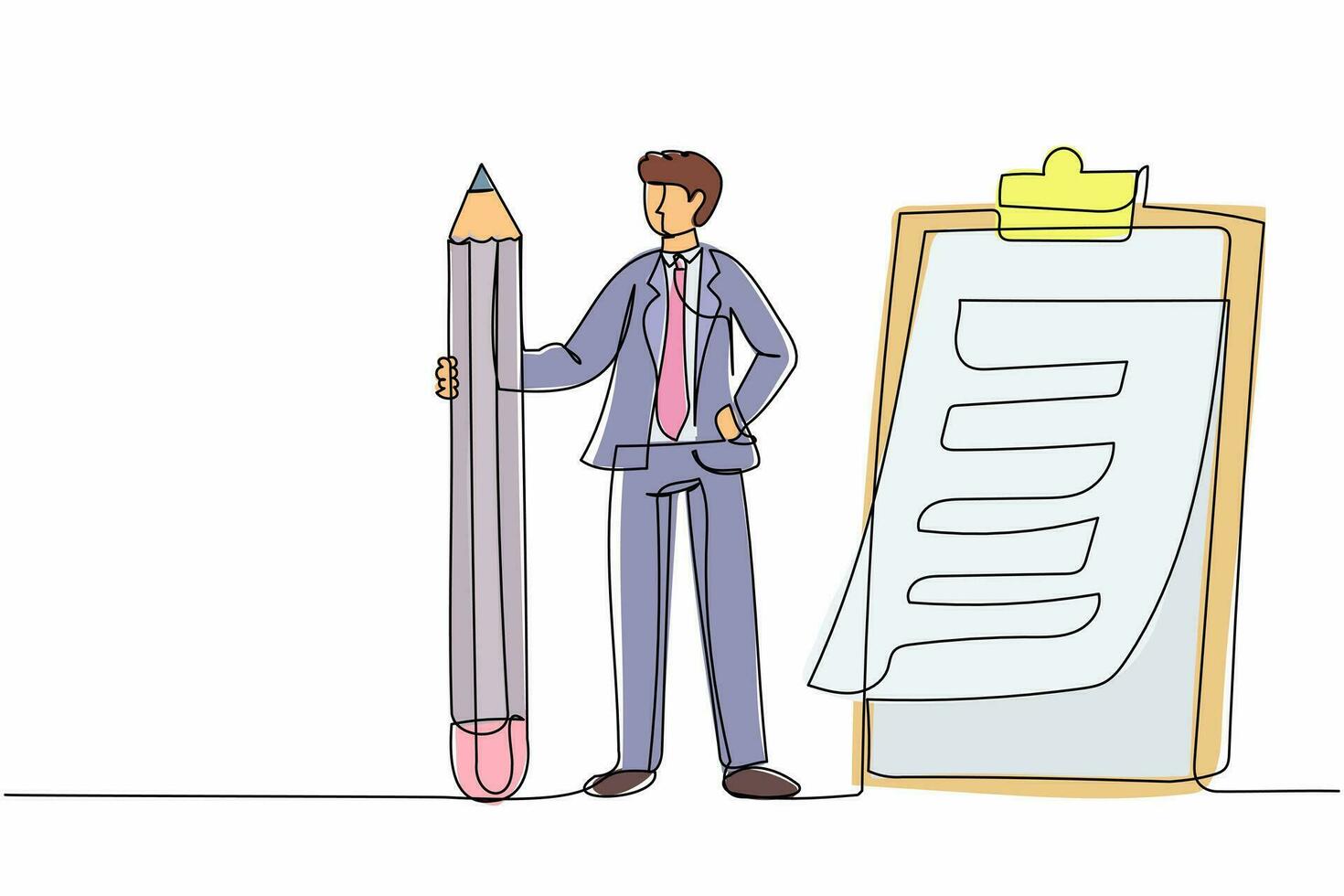 Continuous one line drawing businessman holding big pencil looking at completed checklist on clipboard. Successful completion business tasks goals. Single line draw design vector graphic illustration