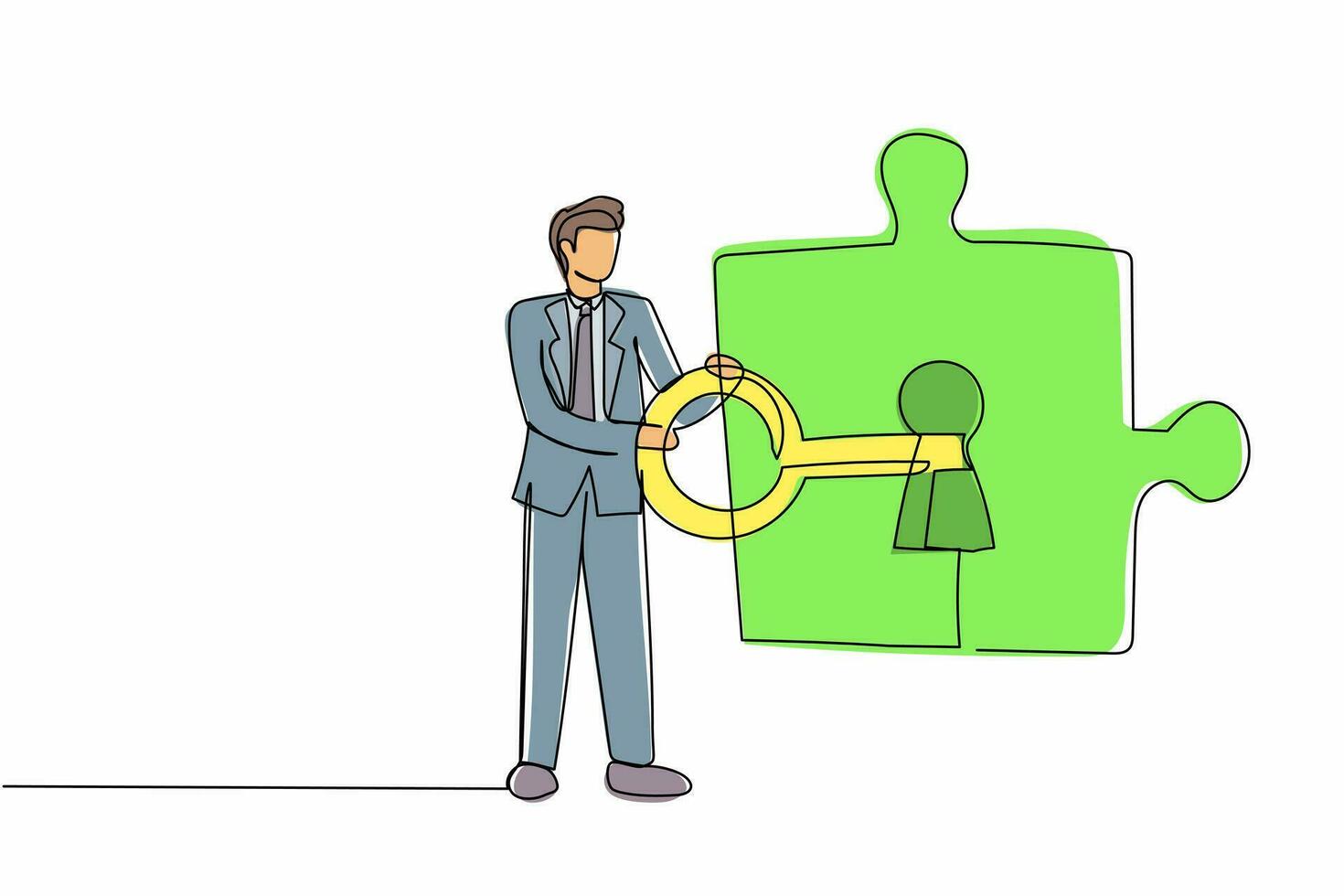 Single continuous line drawing businessman putting big key into puzzle piece. Completing project metaphor. Teamwork solving complicated tasks. Partnership. One line graphic design vector illustration