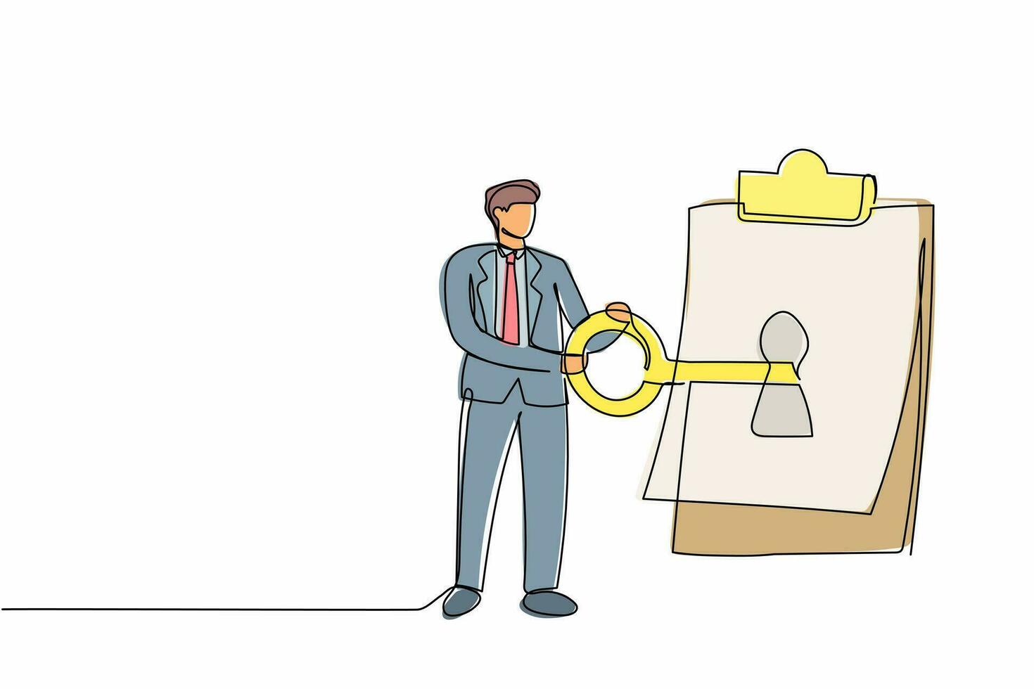 Single one line drawing businessman putting big key into clipboard. Smart digital contract for security protection privacy with paper clipboard. Continuous line draw design graphic vector illustration