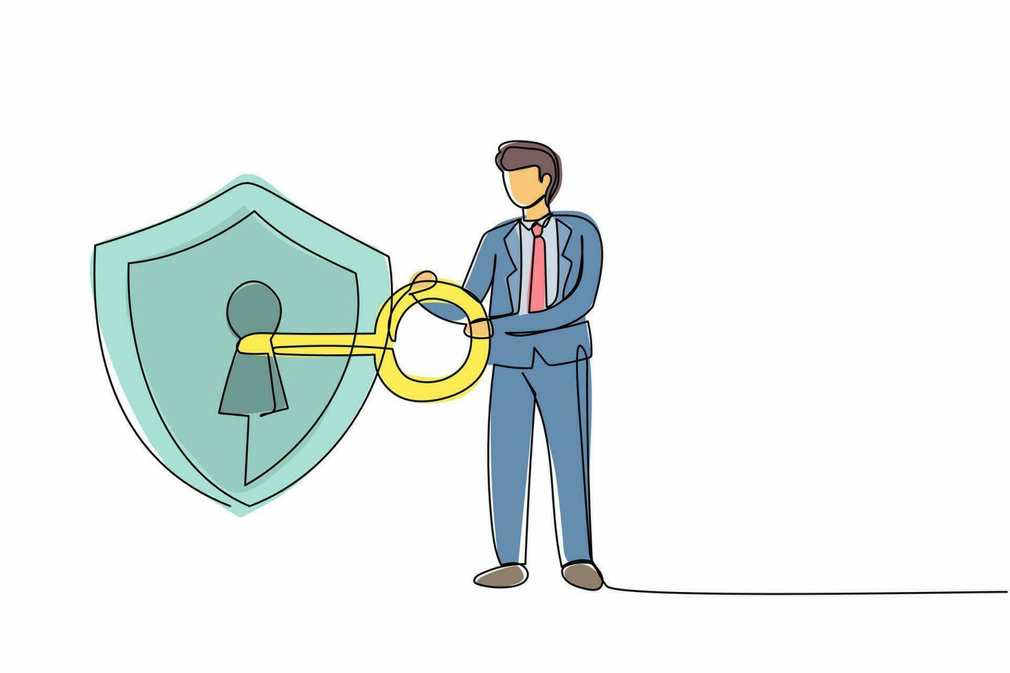 Single one line drawing businessman putting big key into shield. Encryption, encoding digital currency data, finance security and protection. Continuous line draw design graphic vector illustration