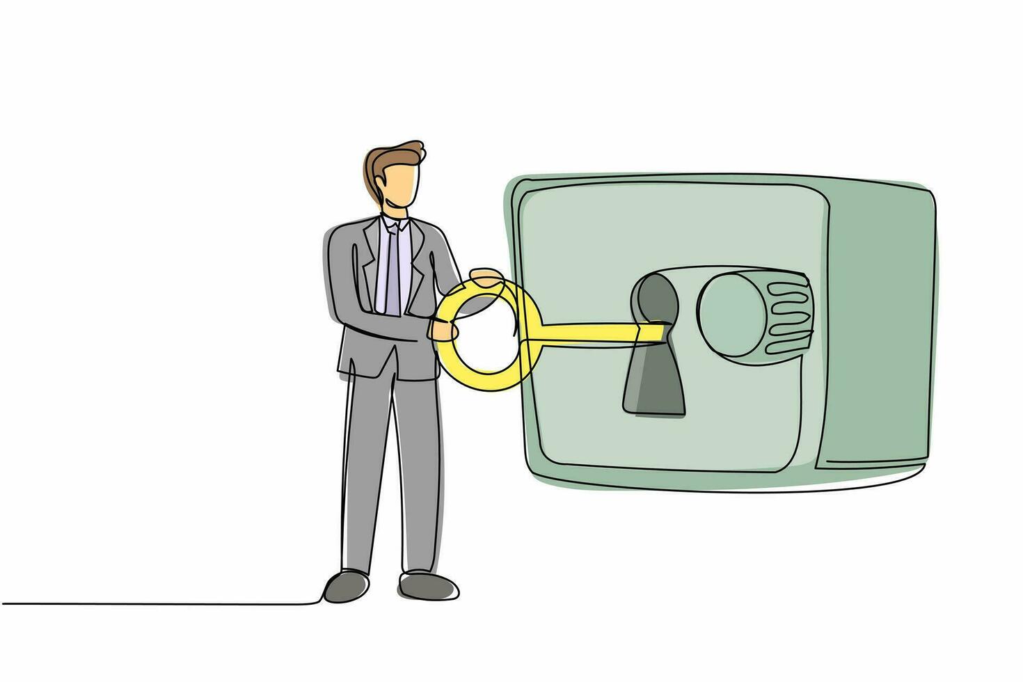 Single one line drawing businessman putting big key into safety deposit box. Savings and banking safety concept. Trust, fiduciary services. Continuous line draw design graphic vector illustration