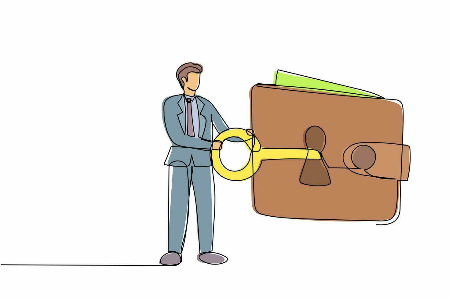 Single one line drawing protective businessman close on key huge wallet. Money wallet with security system. Money protection financial security. Continuous line draw design graphic vector illustration