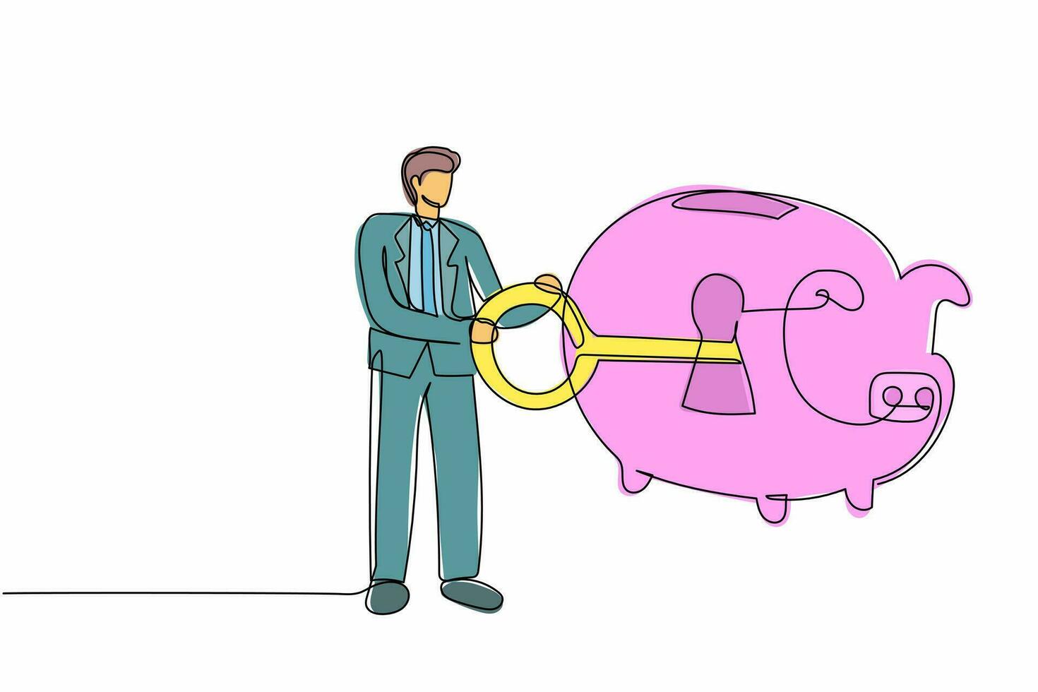 Continuous one line drawing businessman putting big key into piggy bank. Security in saving personally. Protection for finance and banking system. Single line draw design vector graphic illustration