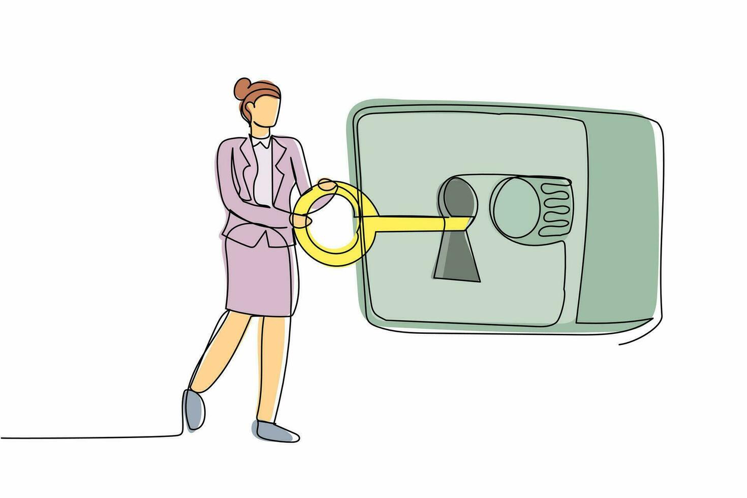 Single continuous line drawing businesswoman put key into safety deposit box. Financial security. Saving and banking safety. Trust, fiduciary services. One line draw graphic design vector illustration