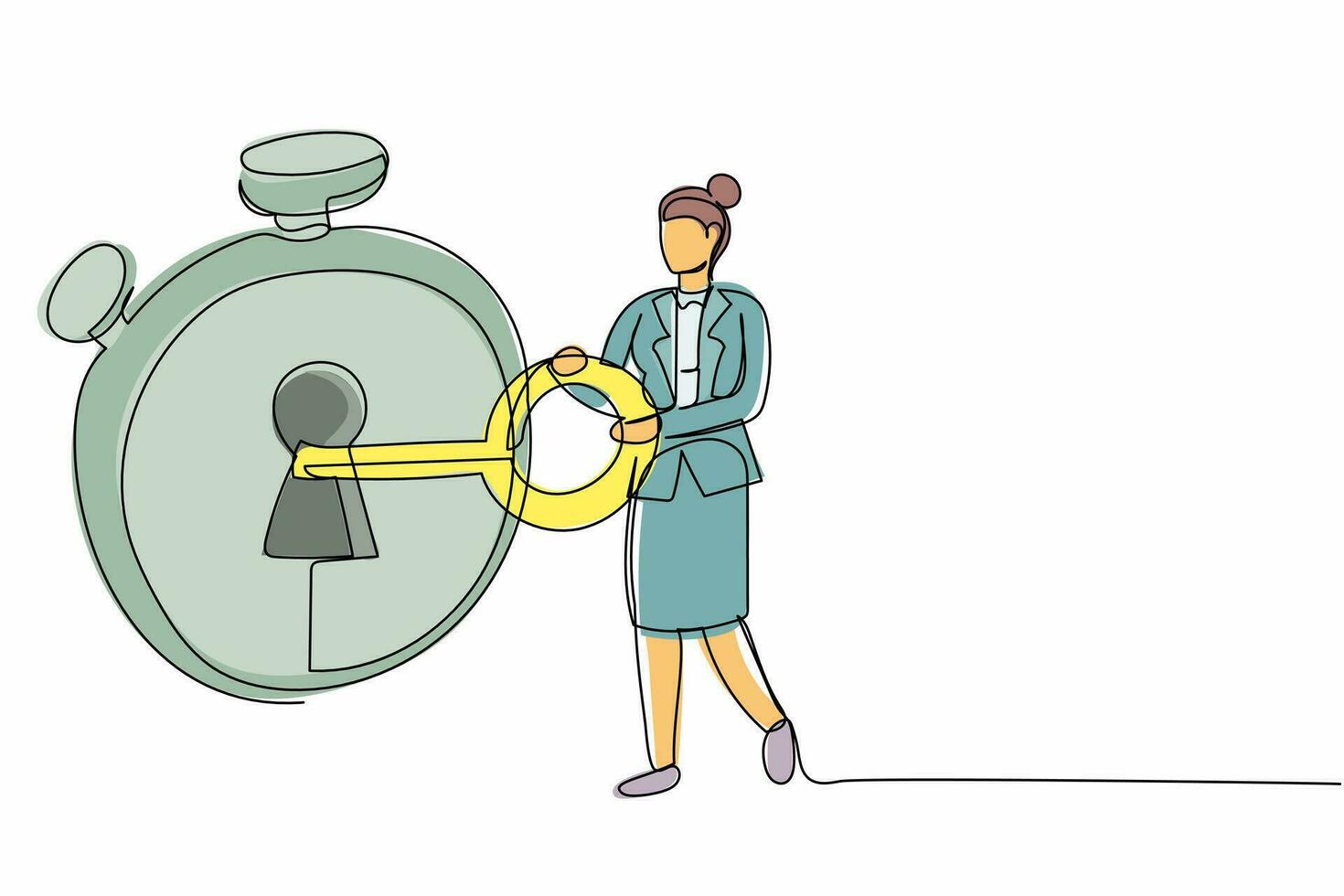 Continuous one line drawing active businesswoman put key into stopwatch. Time management concept. Effective planning for productive work, deadline project. Single line draw design vector illustration