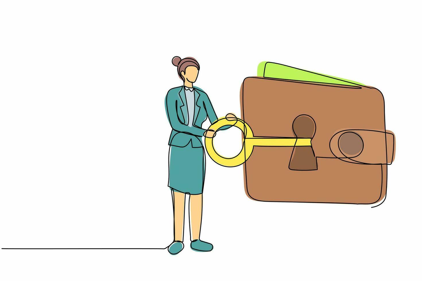 Single one line drawing businesswoman put key into wallet. Purse money for safe personal finance. Money protection financial security system. Continuous line draw design graphic vector illustration