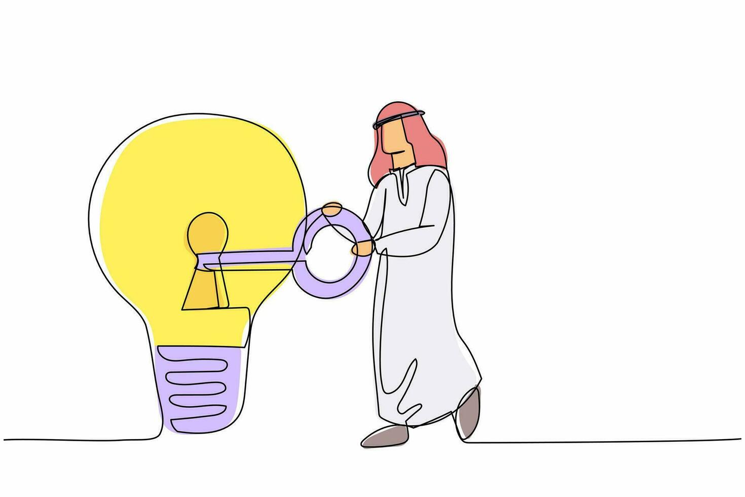 Continuous one line drawing Arab businessman putting big key into light bulb. Unlock innovation on business idea, invent new product or creative thoughts. Single line draw design vector illustration