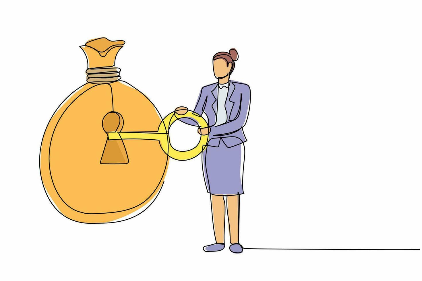 Continuous one line drawing businesswoman put key into money bag. Unlock business success. Safe haven for investment or wealth manager to manage money. Single line design vector graphic illustration