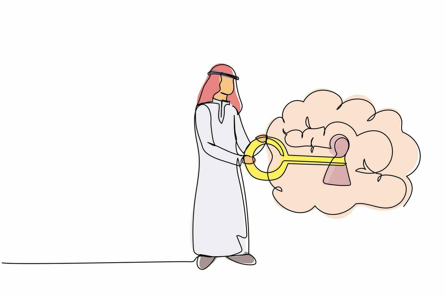 un solo hombre de negocios árabe de dibujo de una línea poniendo la llave en el cerebro. desbloquear la personalidad para una mejor salud. mente abierta. cuidado de la salud mental, psicología. ilustración de vector gráfico de diseño de línea continua