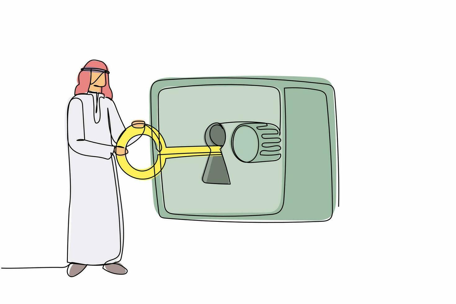 Continuous one line drawing Arab businessman putting big key into safety deposit box. Protection of money, gold, securities. Savings and banking safety. Single line design vector graphic illustration