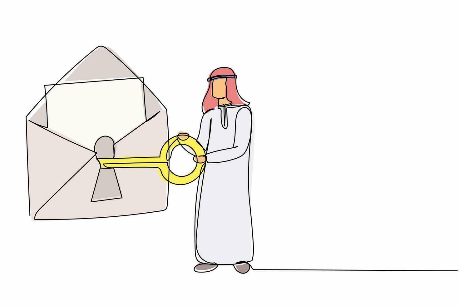 un solo hombre de negocios árabe dibujando una línea poniendo una gran llave en el correo. protección de mensajes digitales o sistema de seguridad de correo electrónico. información personal en línea. ilustración de vector gráfico de diseño de línea continua