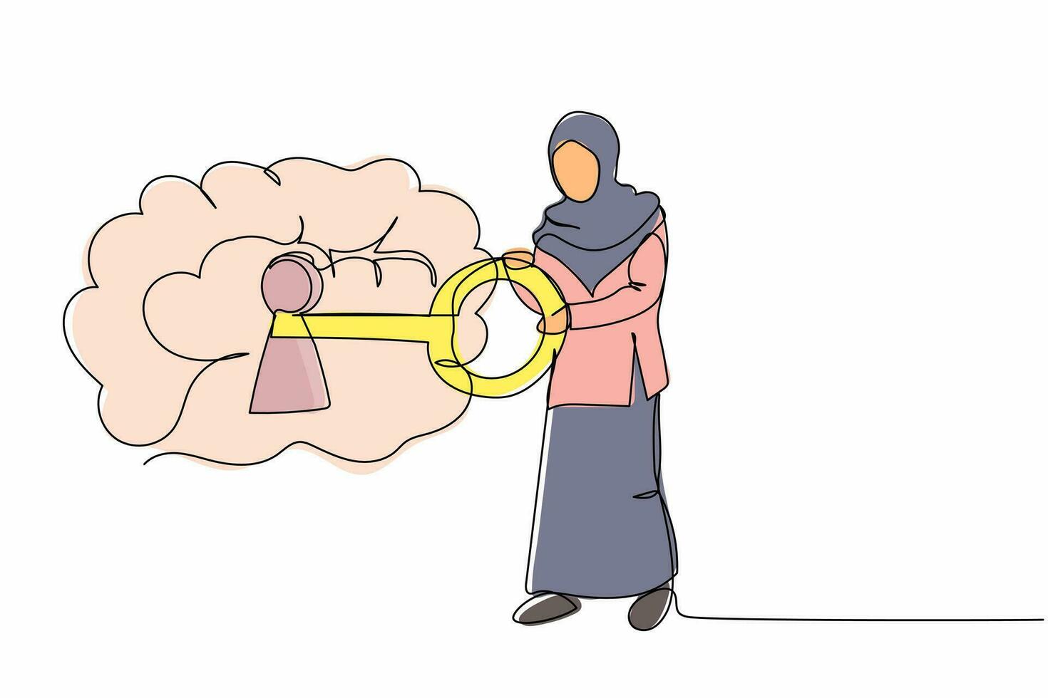 una sola línea continua dibujando una mujer de negocios árabe puso la llave en el cerebro. personalidad de mente abierta. cuidado de la salud mental, psicología. alma sana. Ilustración de vector de diseño gráfico de dibujo de una línea dinámica