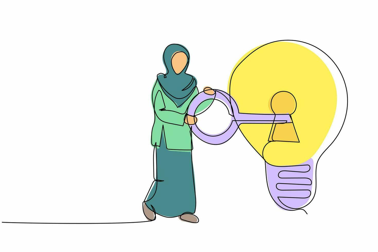 Single continuous line drawing smart Arab businesswoman put key into light bulb. Innovation in business idea, invent new product or creative thoughts. One line draw graphic design vector illustration