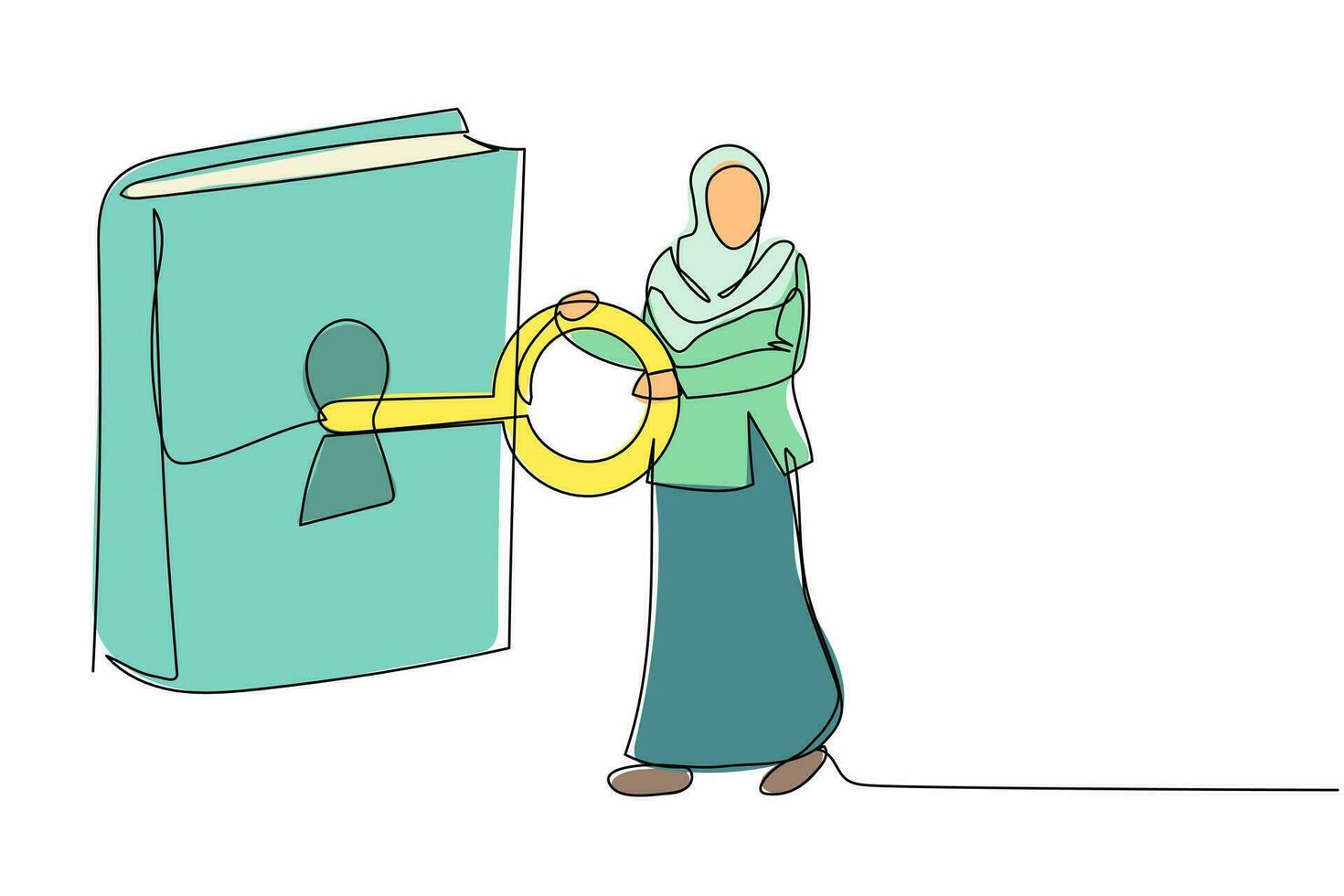 Single one line drawing Arabian businesswoman put key into book. Unlock information for public. Office manager open book. Library. Key of knowledge. Continuous line design graphic vector illustration