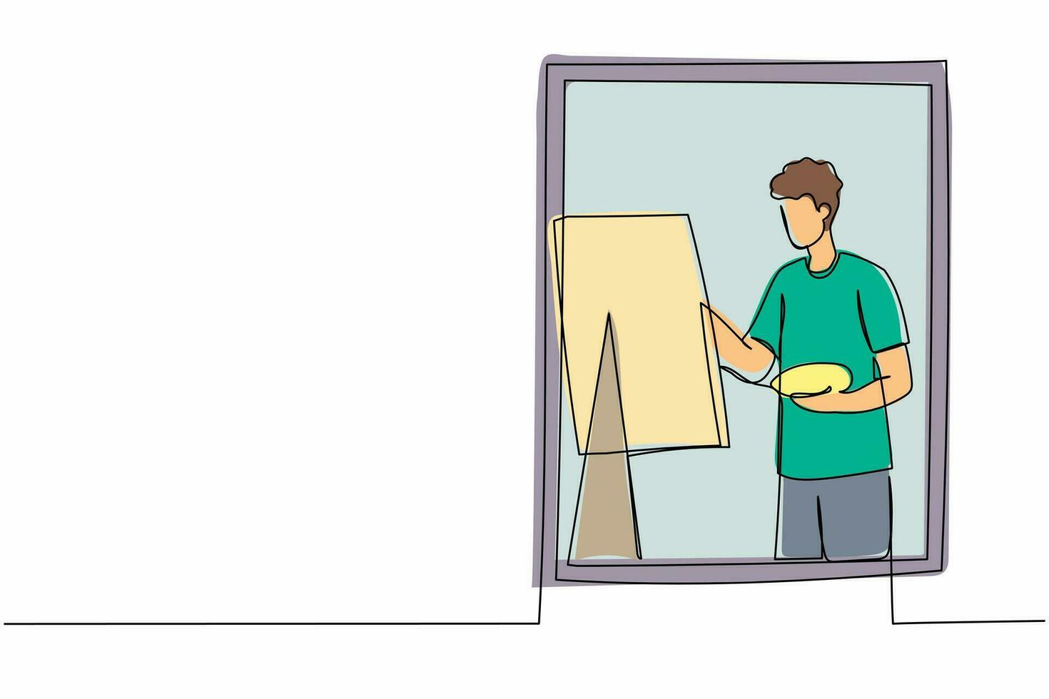 Single one line drawing man painter drawing indoor near window. Male holding paint brush and palette, sketching on canvas. Artist painting at home. Continuous line design graphic vector illustration