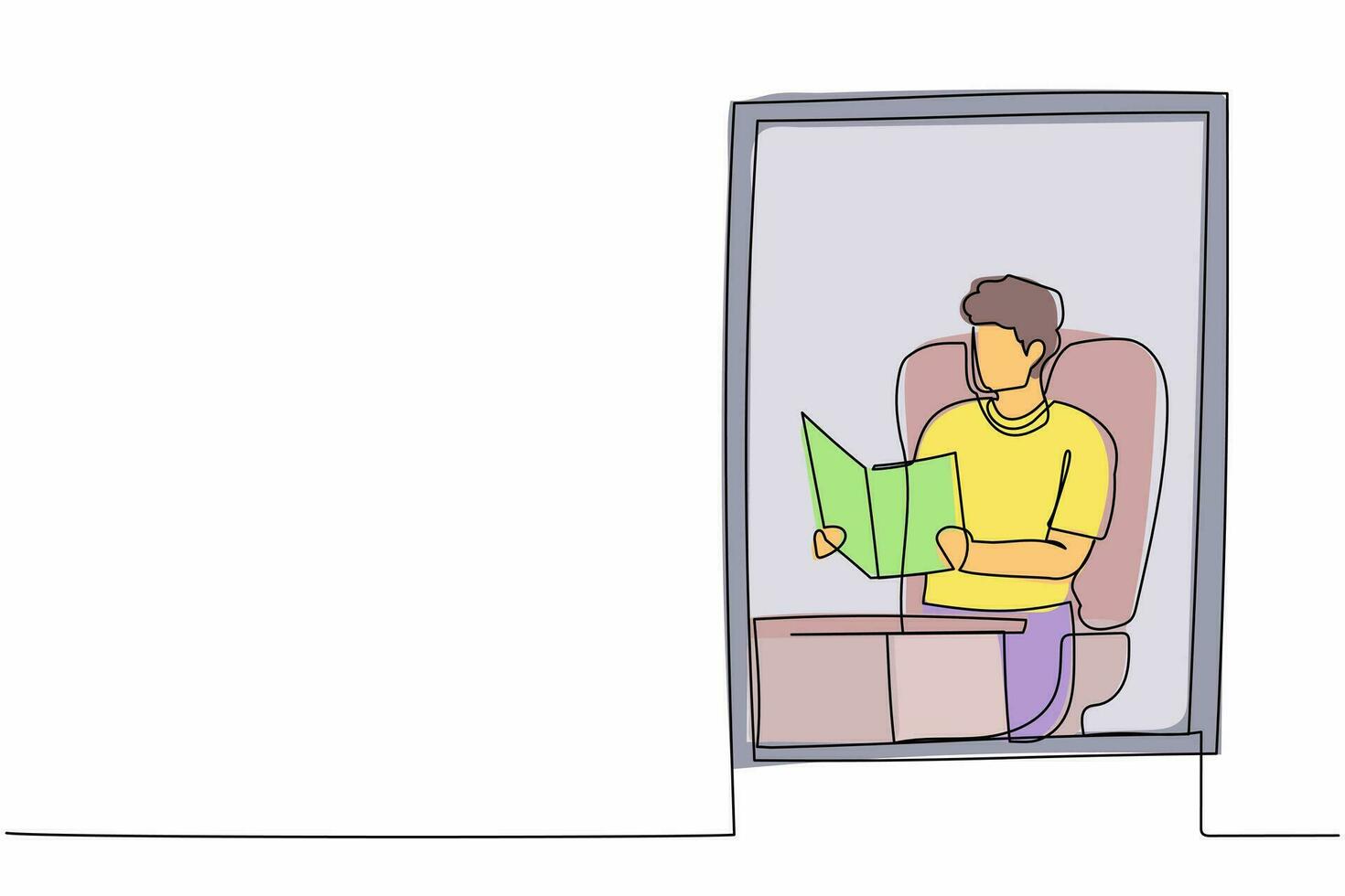 hombre de dibujo de una sola línea continua en silla en casa con literatura. lector empresario. persona leyendo un libro, sentada en un sillón junto a la ventana en la sala de estar. ilustración de vector de diseño gráfico de una línea