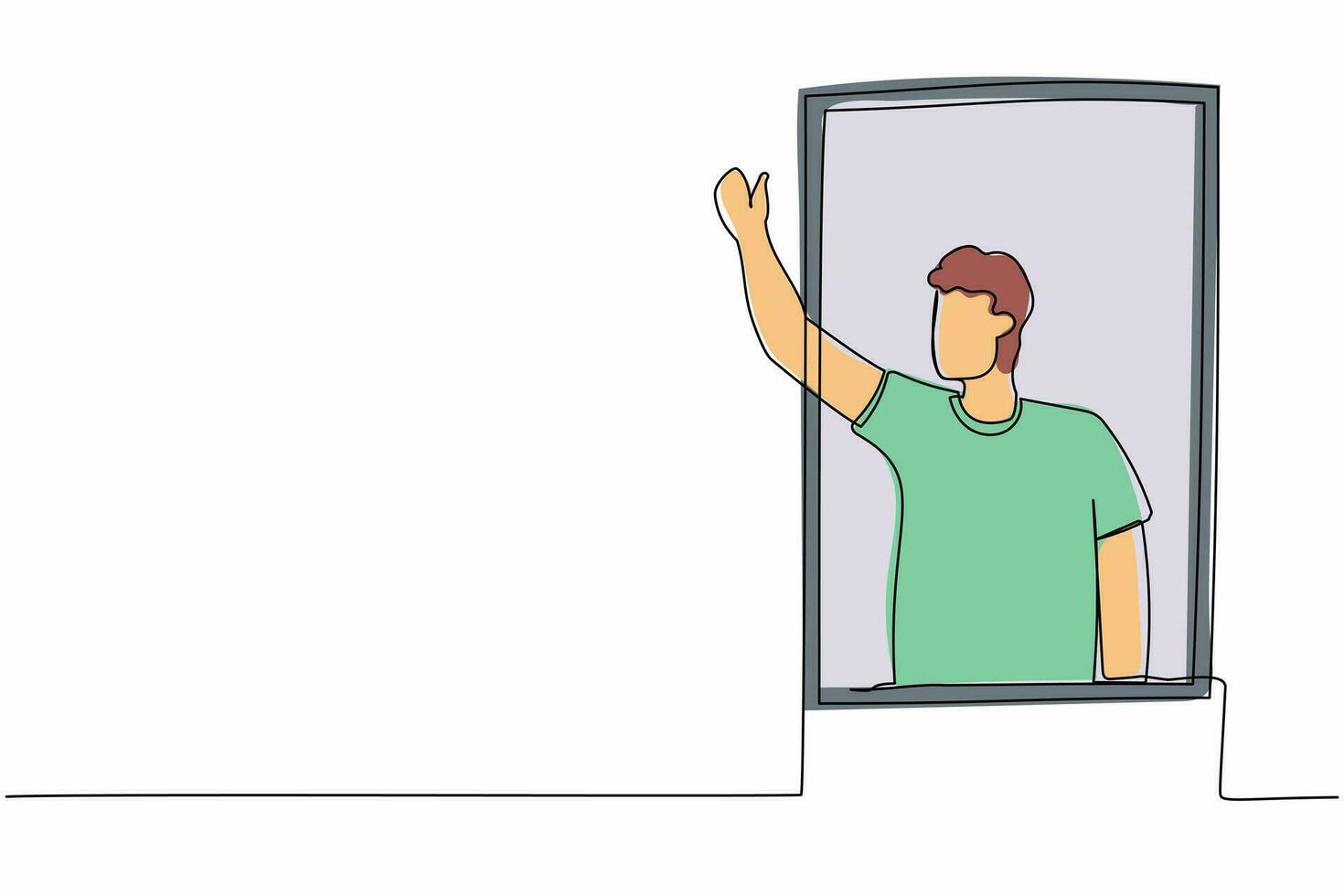 Single continuous line drawing young male waving at window as look like to greet or invite people to come in. Man looking out from apartment from windowsill. One line draw design vector illustration