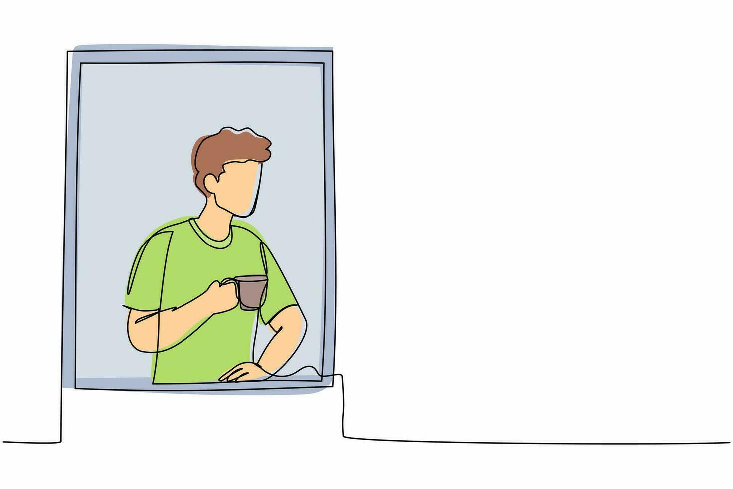 Single one line drawing man enjoy hot coffee or tea in window house. Male holding mug and looking through window while sitting on windowsill at home. Continuous line design graphic vector illustration