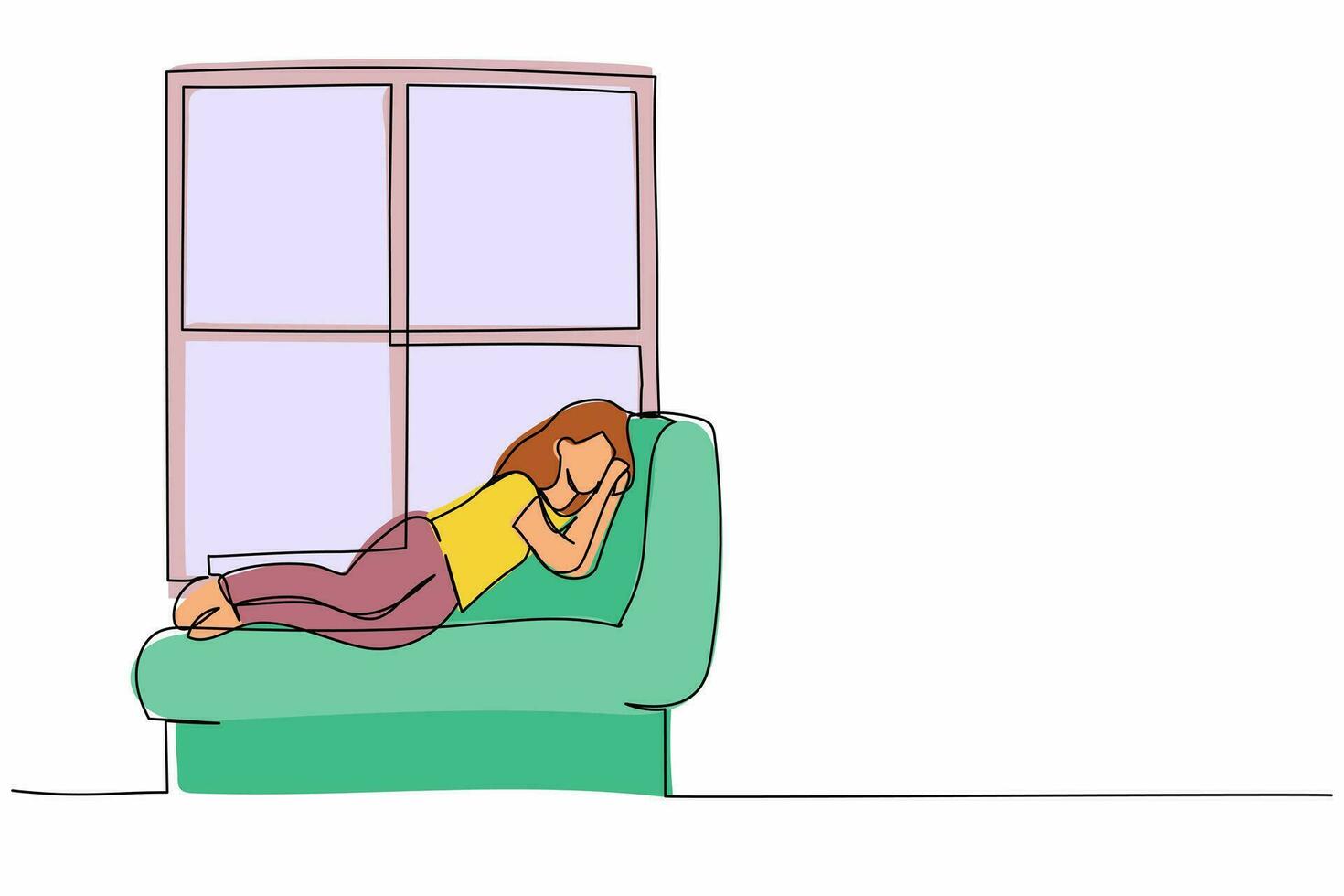 Single one line drawing young woman lying on windowsill at home. Female resting in room near window. Spending time at home, relaxing after work. Continuous line draw design graphic vector illustration