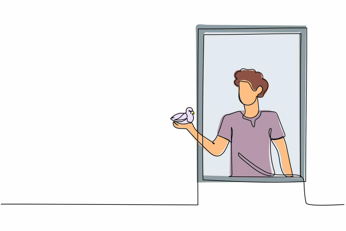 Single one line drawing man opens window. Summer or spring season, young guy with bird in arms. Happy male on balcony, fresh air. Plants, greenery. Continuous line design graphic vector illustration