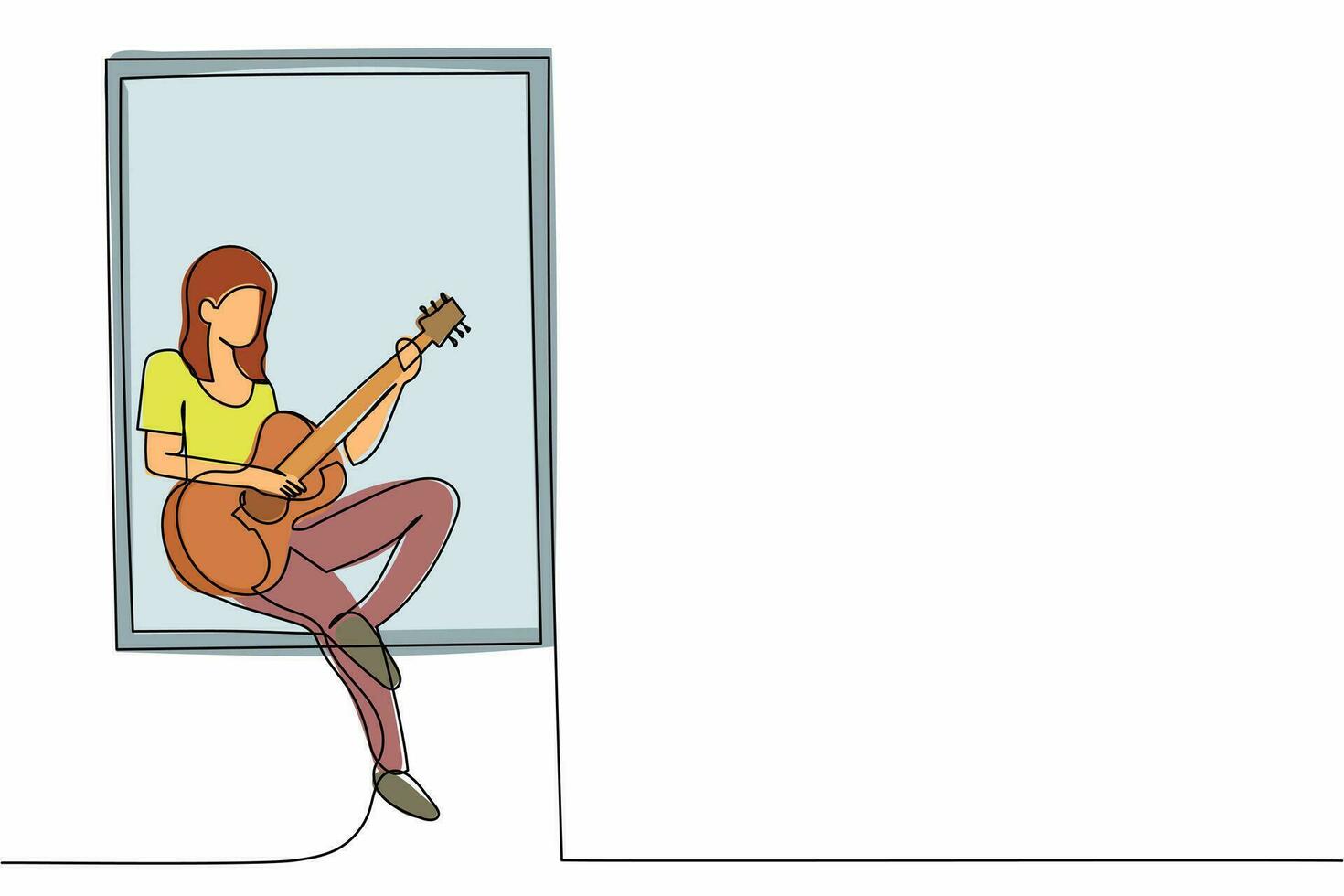 Single continuous line drawing young woman sitting on windowsill and playing acoustic guitar. Rest, stay at home, melancholic, relaxation, comfort, romantic. One line draw design vector illustration