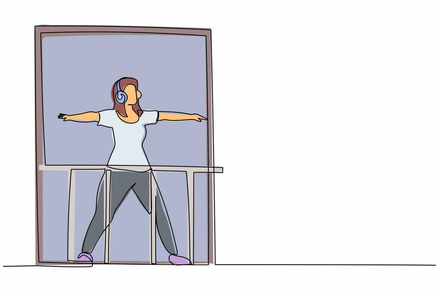 dibujo continuo de una línea mujer joven sana con auriculares practica yoga cerca de la ventana en el balcón. actividad deportiva, entrenamiento, ejercicio, fitness, interior. ilustración de vector de diseño de dibujo de una sola línea