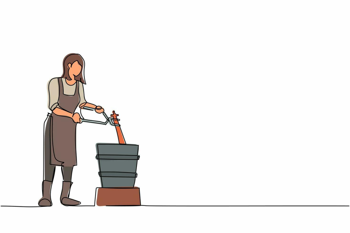 Single continuous line drawing cute female blacksmith master in apron putting hot metal material from furnace in cold water. Steel craft anvil worker. One line draw graphic design vector illustration