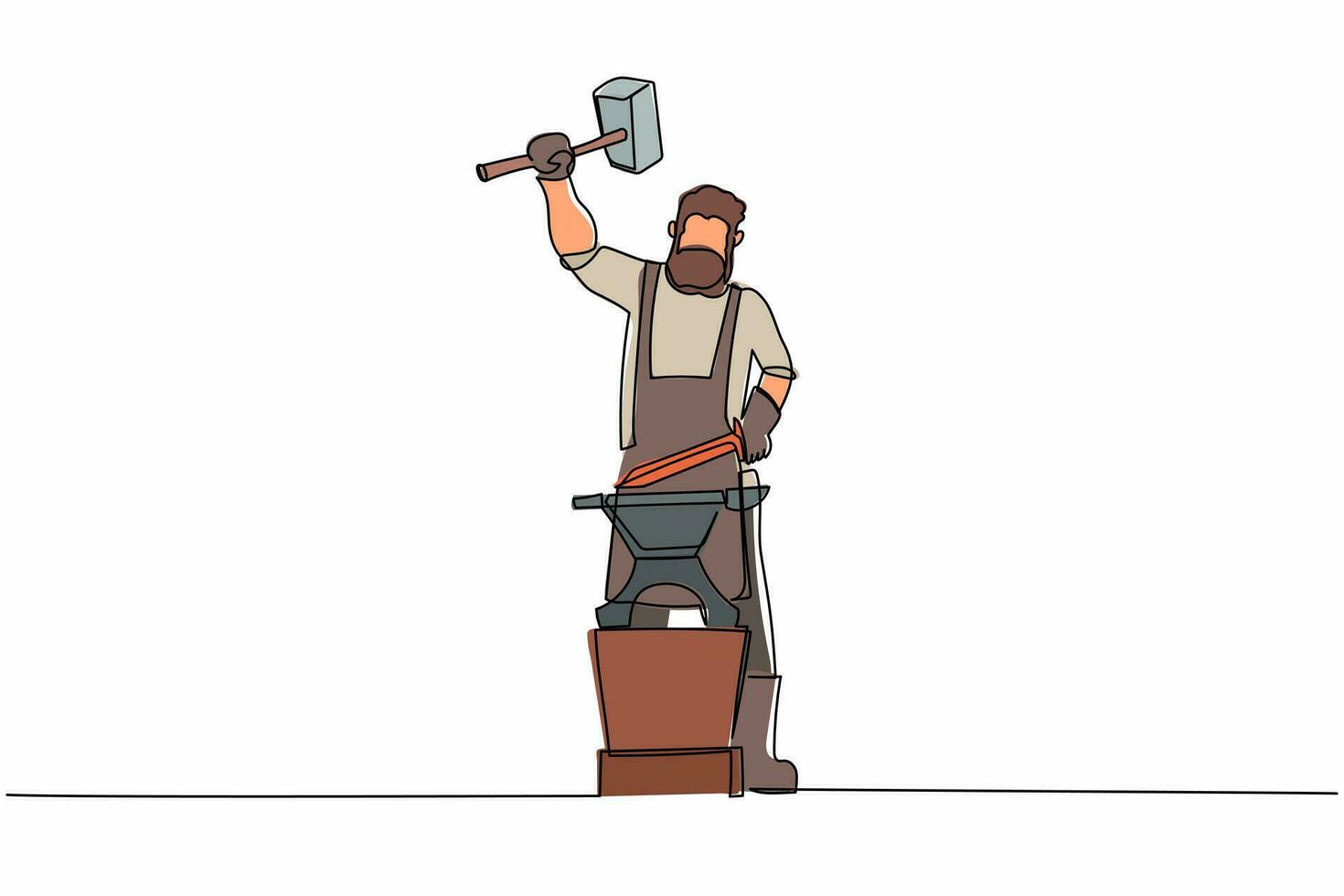 Continuous one line drawing bearded blacksmith forges small sword on the anvil. Young man blacksmith in apron standing working hard with hot iron. Single line draw design vector graphic illustration