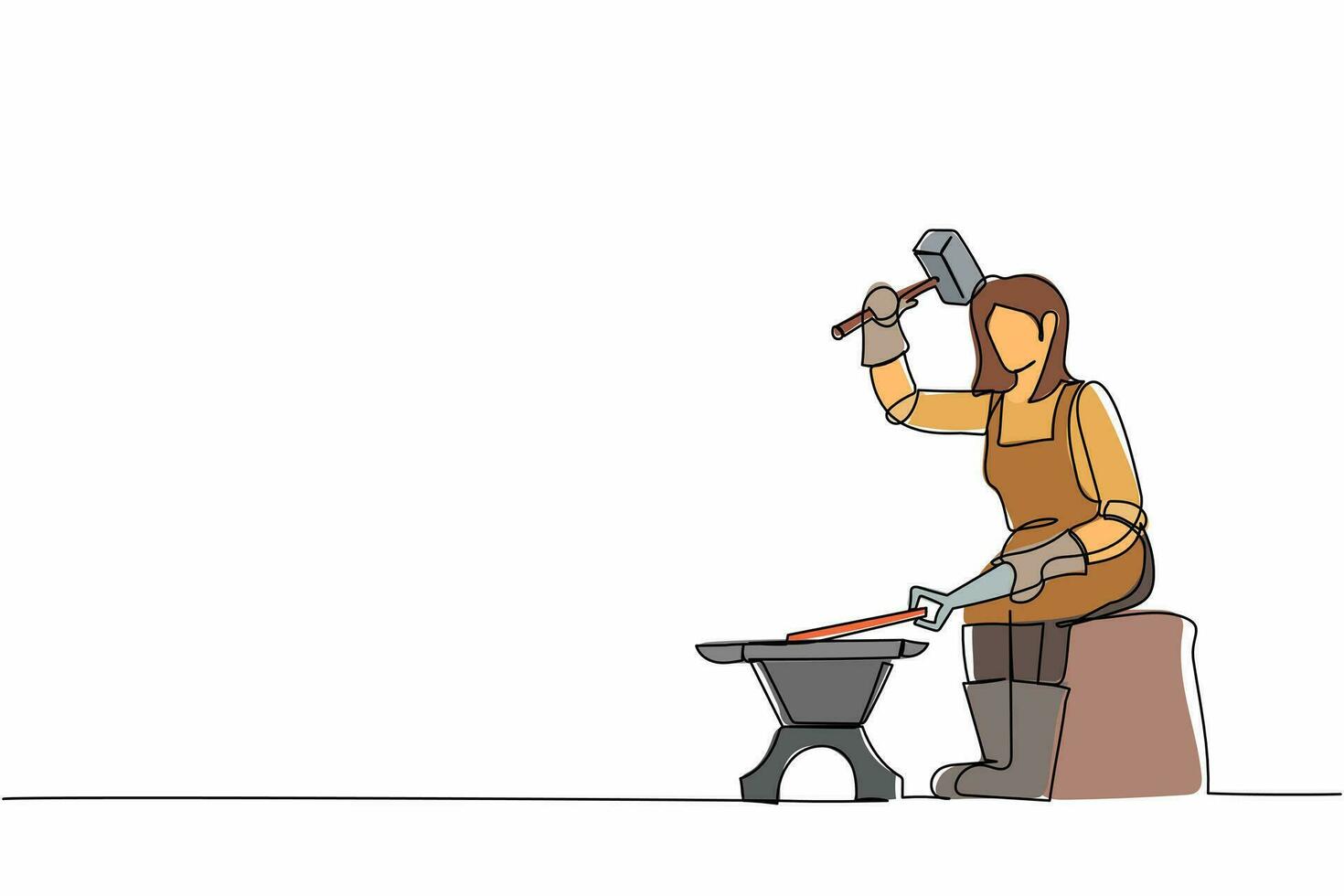 dibujo de una sola línea herrero femenino sentado con delantal golpeando pieza de hierro forjada con martillo. trabajador metalúrgico haciendo producción de arte artesanal. ilustración de vector gráfico de diseño de dibujo de línea continua