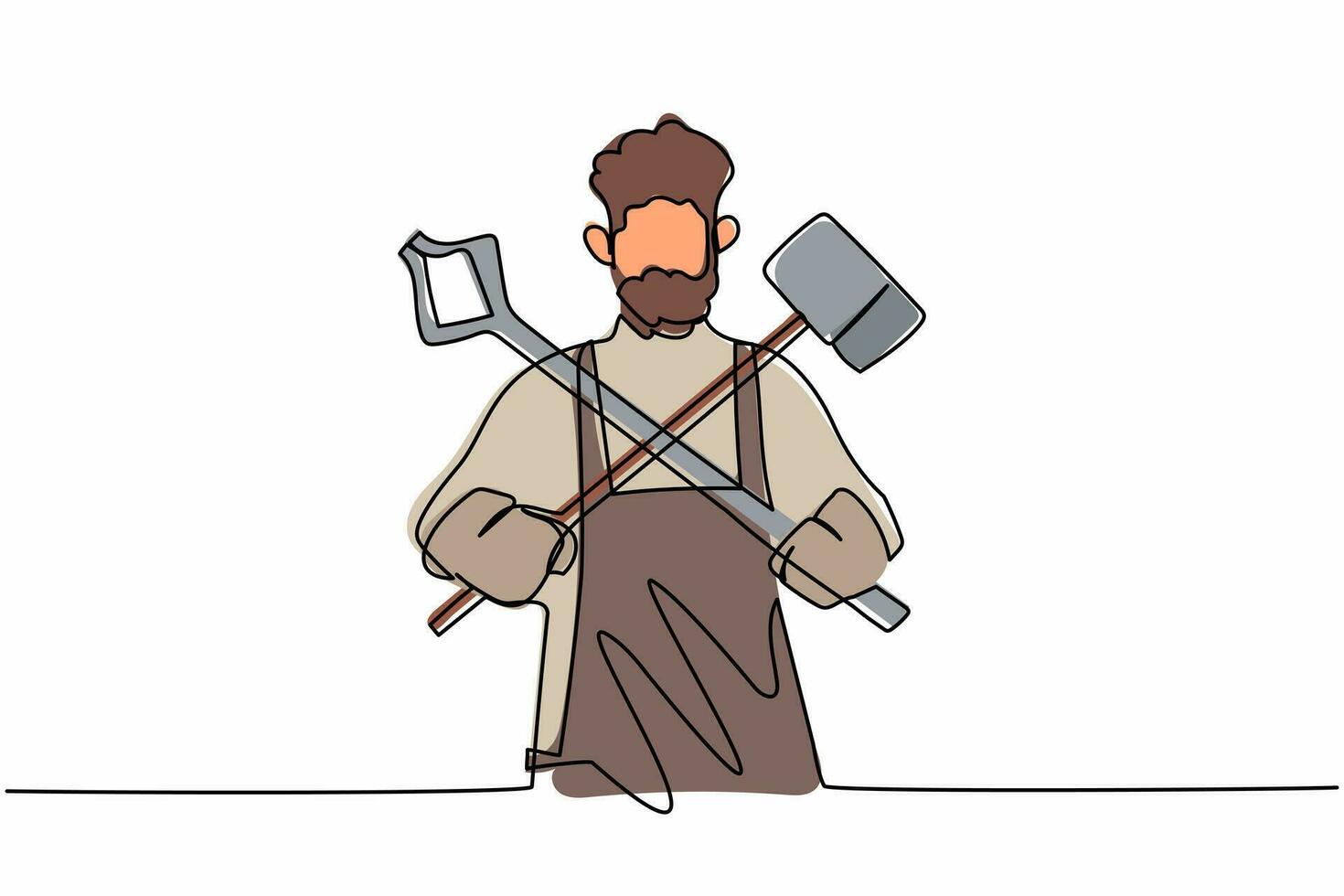 Single continuous line drawing bearded blacksmith standing wearing apron holding sledgehammer and pliers crossed. Worker producing steel craft in workshop. One line graphic design vector illustration