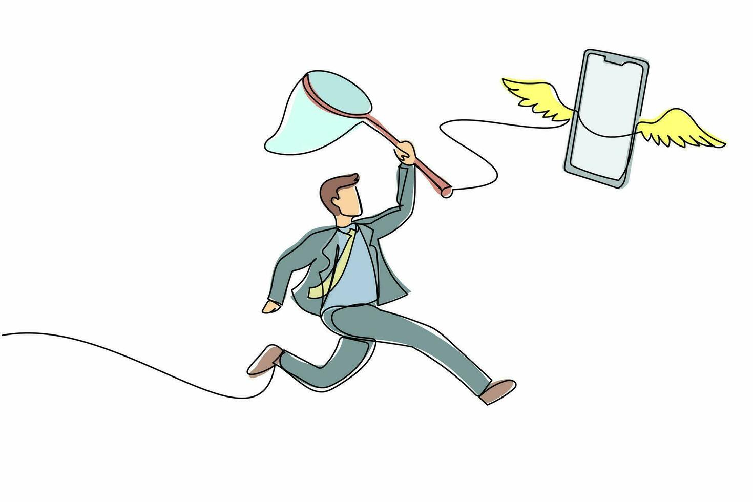 Single continuous line drawing businessman try to catching flying smartphone with butterfly net. Talking, communication, technology, speaking concept. One line draw graphic design vector illustration