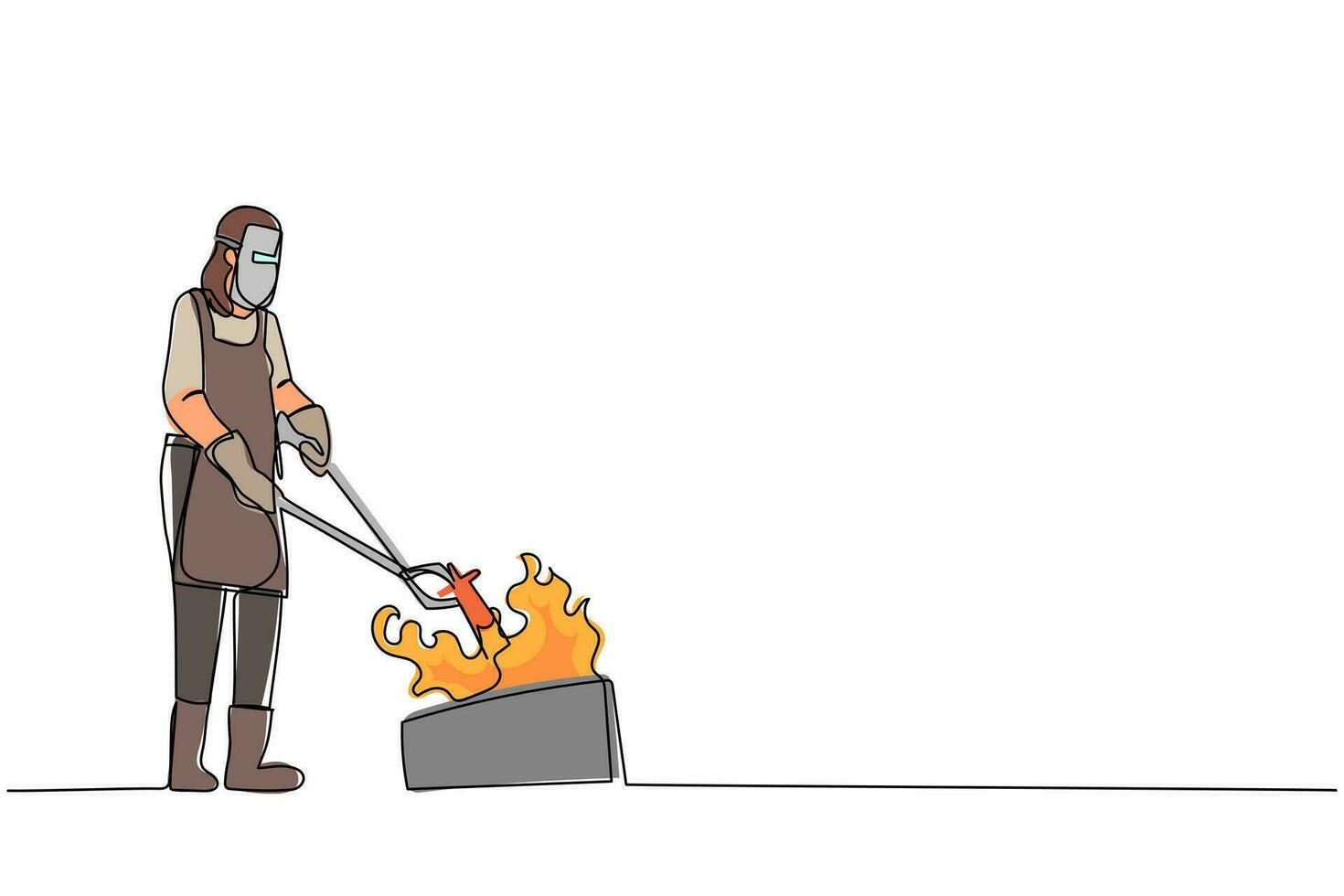 Single one line drawing female blacksmith master wearing apron, leather gloves and face shield put piece of blade into burning stove for making craft art. Continuous line design graphic illustration vector