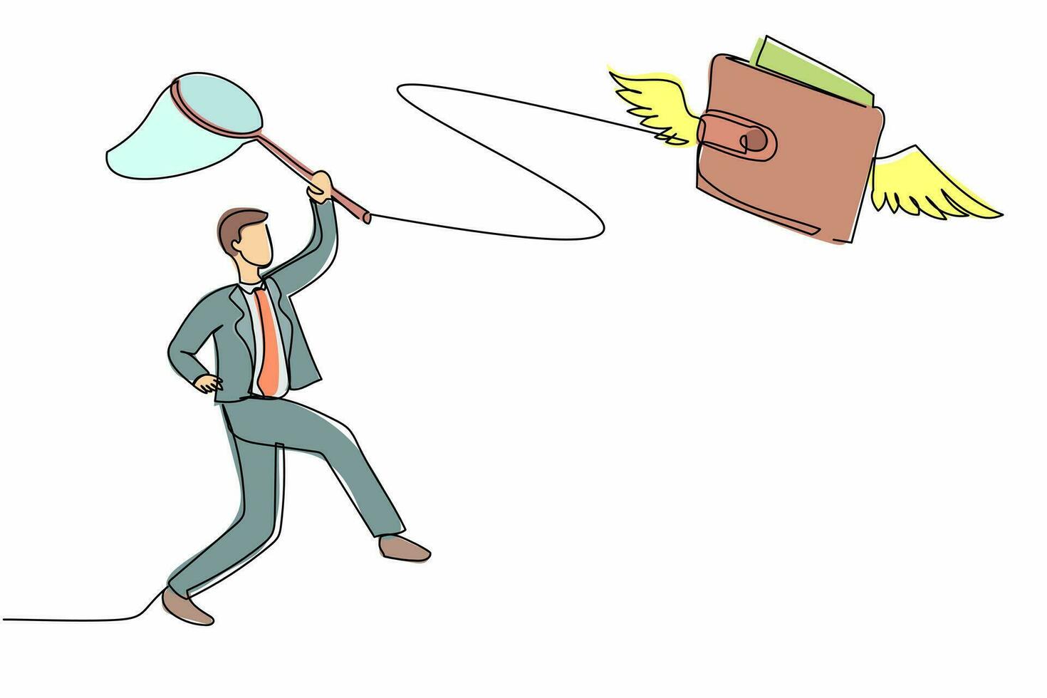 Single one line drawing businessman try to catching flying wallet with butterfly net. Losing money, spending, pay, wasteful, gone money, financial concept. Continuous line design vector illustration