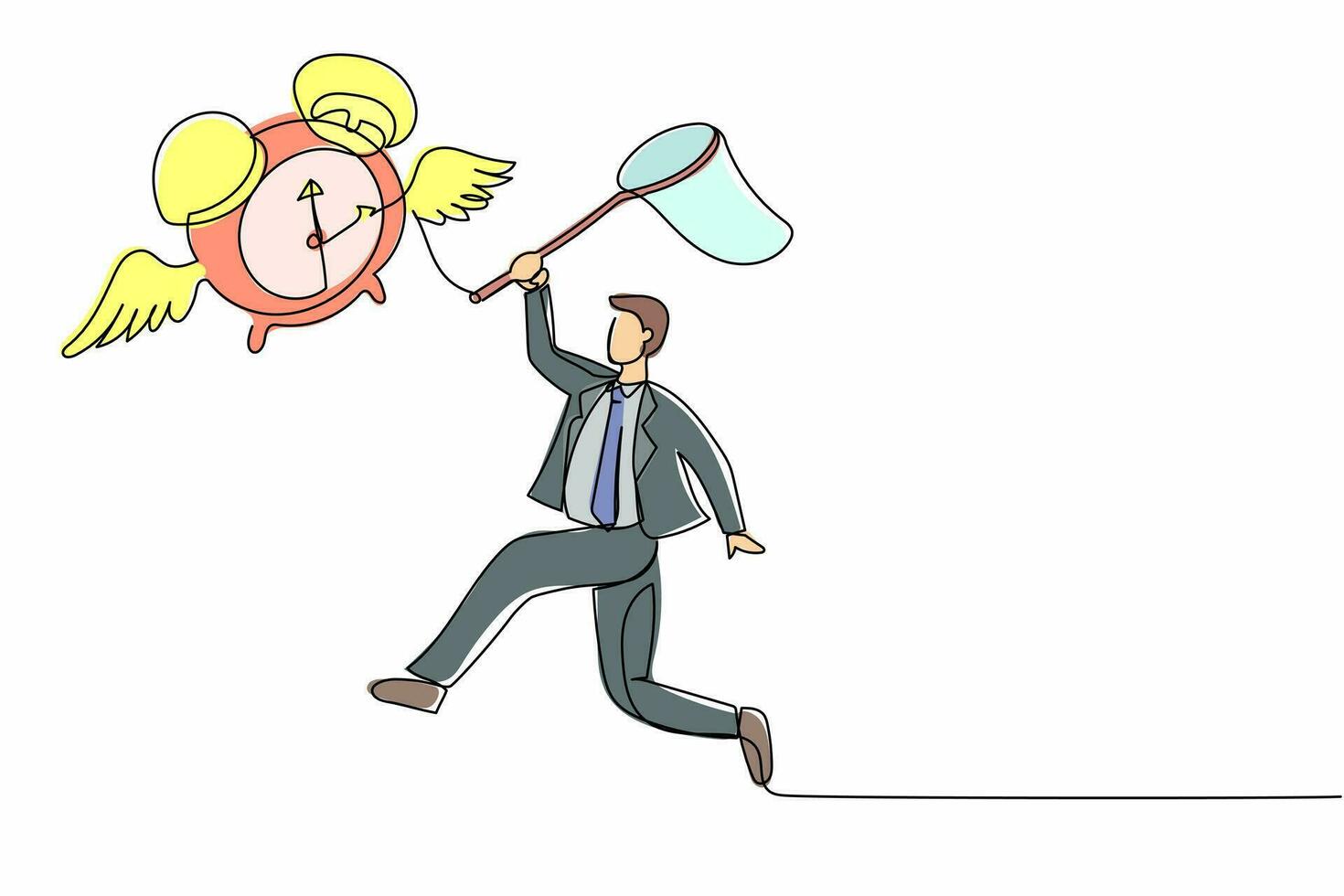 Single one line drawing businessman try to catching flying alarm clock with butterfly net. Male manager working with deadlines. Running out of time. Continuous line design graphic vector illustration