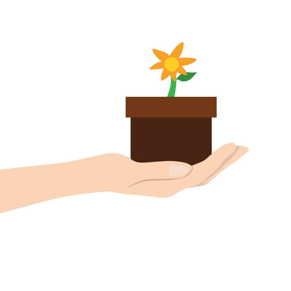 Hand holding flower in the pot vector