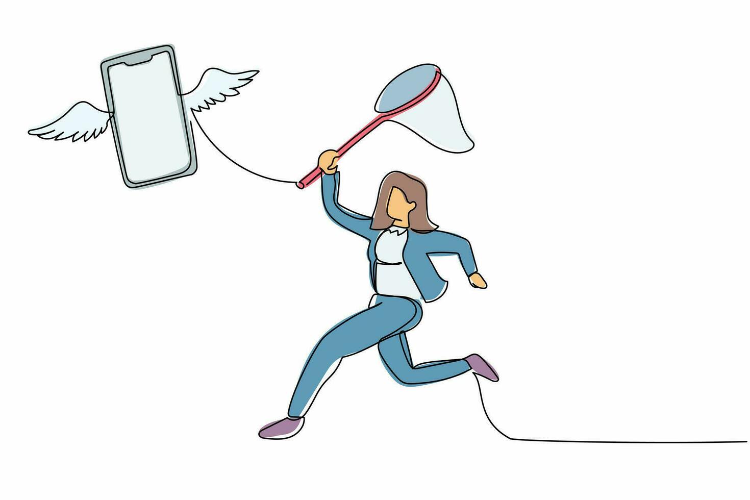 Continuous one line drawing businesswoman try to catch flying smartphone with butterfly net. Missed phone calls interview. Lost job opportunities. Single line draw design vector graphic illustration
