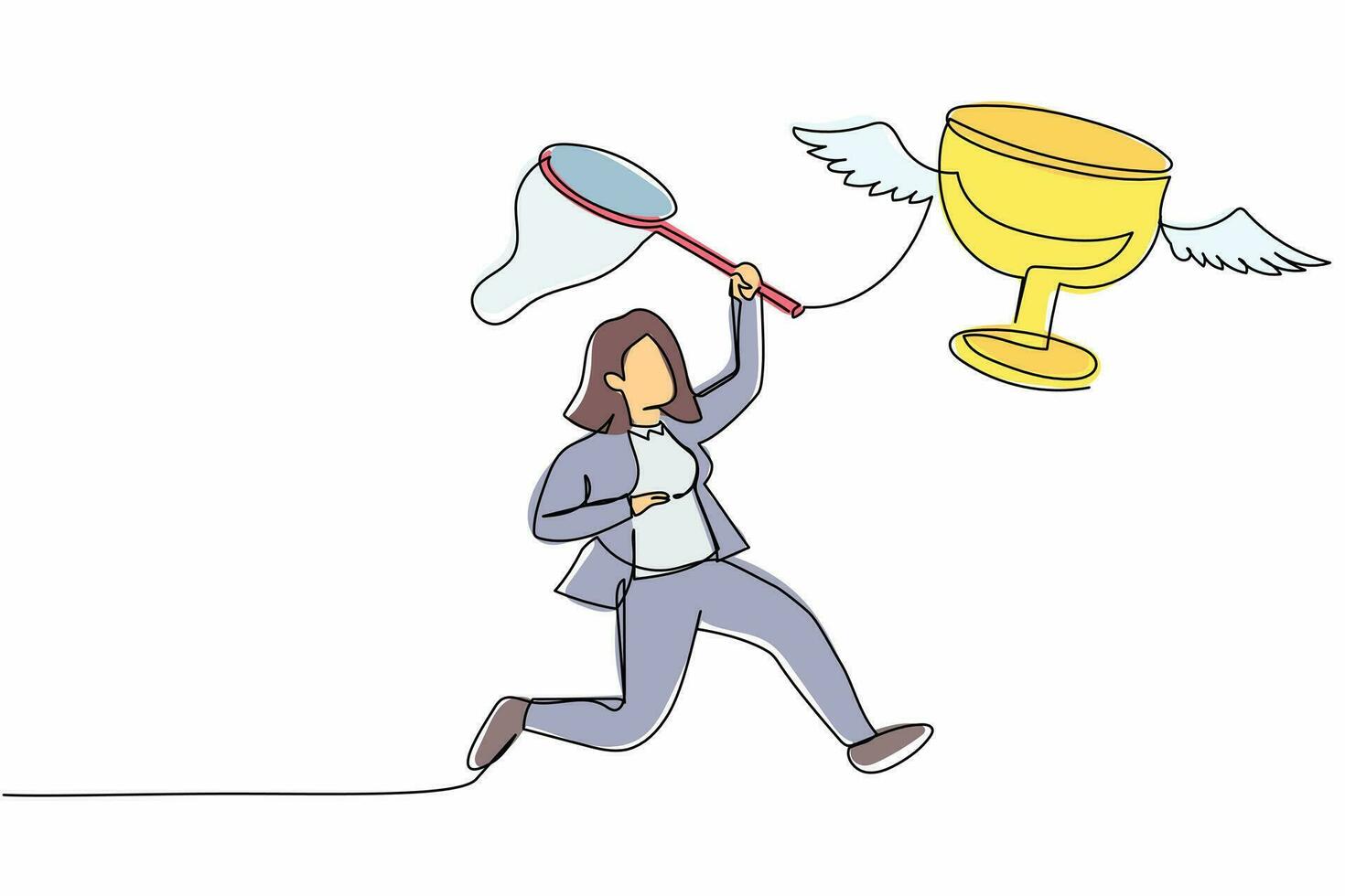 Single one line drawing businesswoman try to catching flying trophy with butterfly net. Lost victory. Failed the match. Making stupid blunder. Continuous line draw design graphic vector illustration