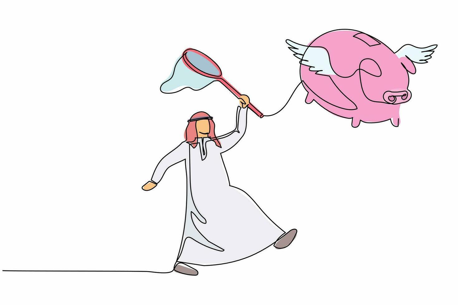 Single continuous line drawing Arab businessman try to catching flying crown with butterfly net. Failed to control the business empire. Business metaphor. One line graphic design vector illustration