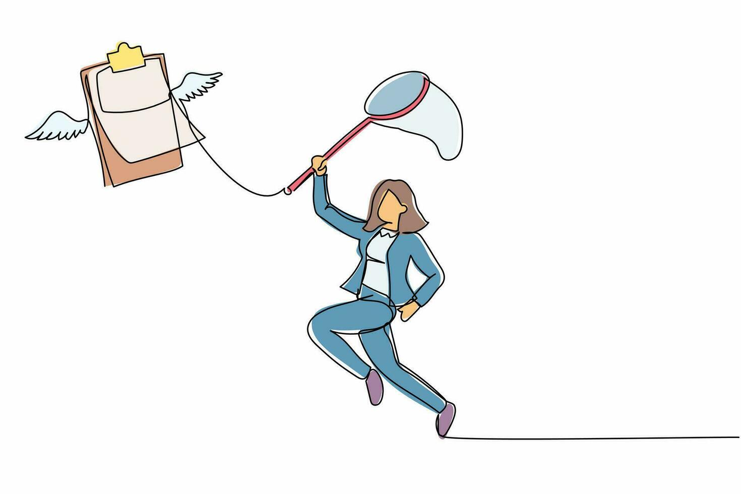 Continuous one line drawing businesswoman try to catching flying clipboard with butterfly net. Missing checklist. Inaccurate data, document, working papers. Single line draw design vector illustration