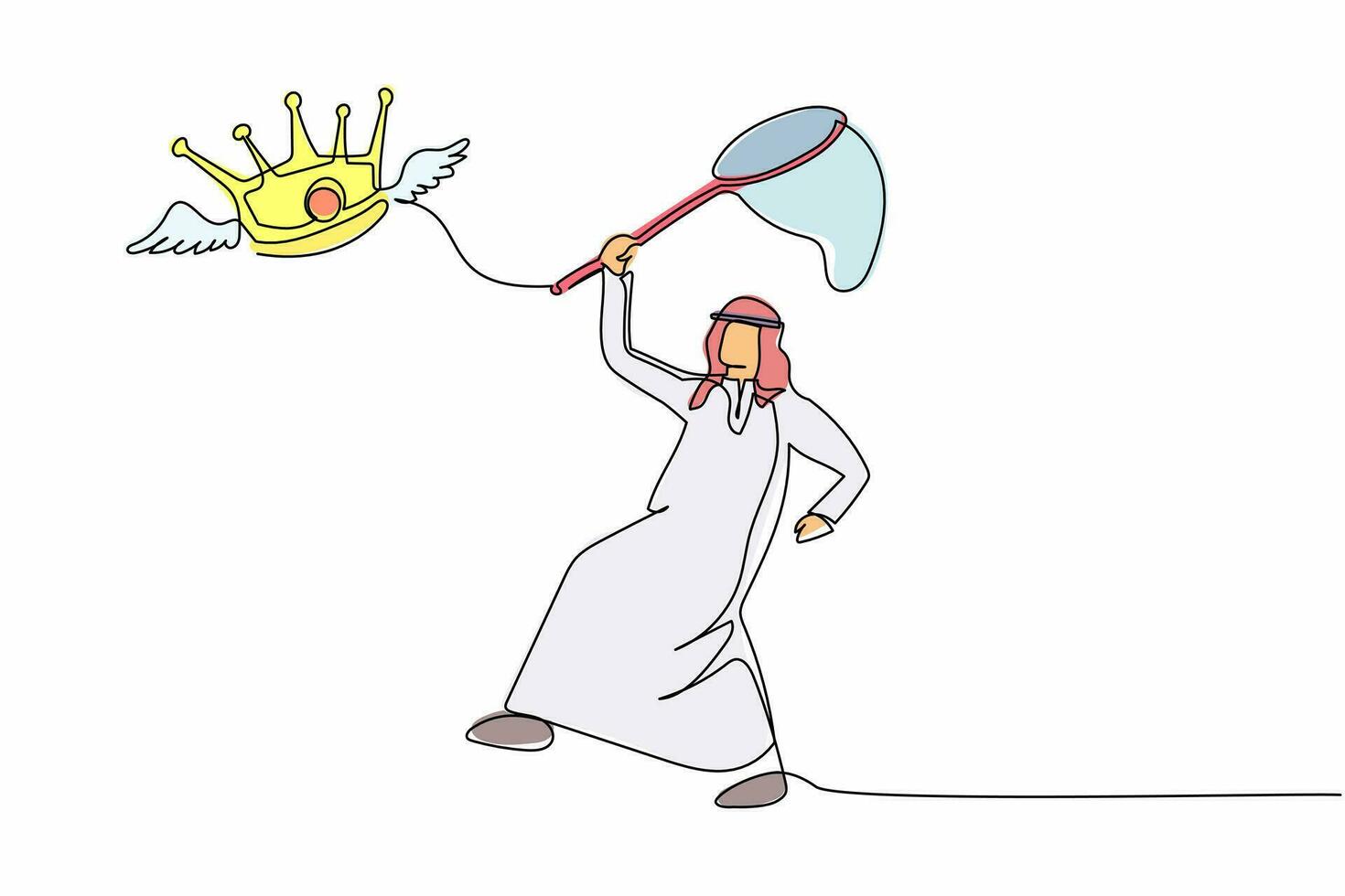 Single continuous line drawing Arab businessman try to catching flying crown with butterfly net. Failed to control the business empire. Business metaphor. One line graphic design vector illustration