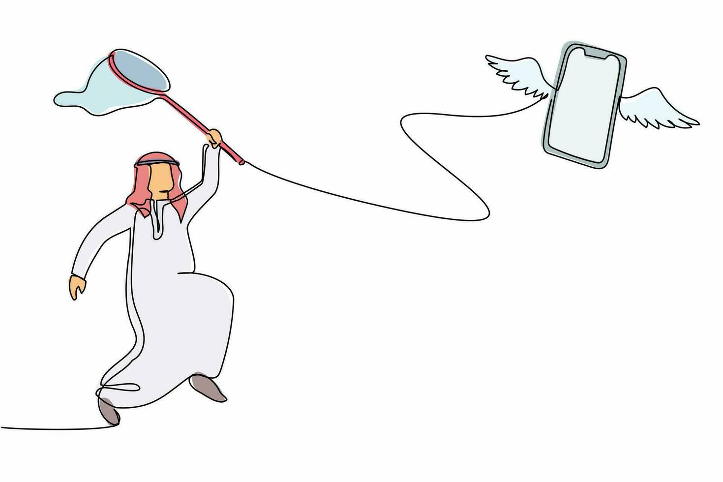 un solo hombre de negocios árabe de dibujo de línea continua intenta atrapar un teléfono inteligente volador con una red de mariposas. Faltan actualizaciones tecnológicas. metáfora empresarial. ilustración de vector de diseño gráfico de dibujo de una línea
